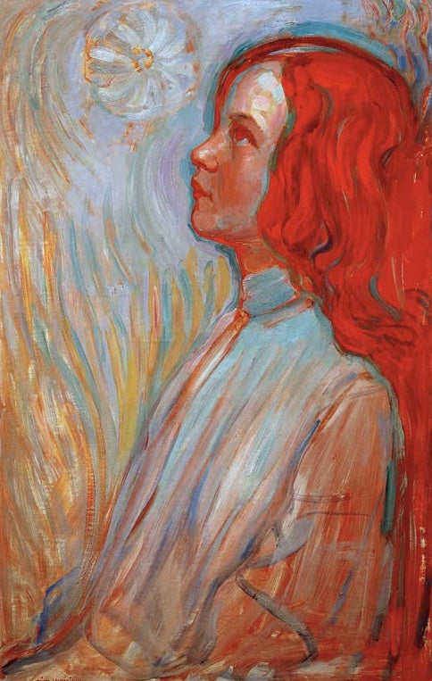 Piet Mondrian Andacht Kunstkopie, Mädchen mit leuchtend rotem Haar im Profil blickt nach oben zu einer hellen Blüte