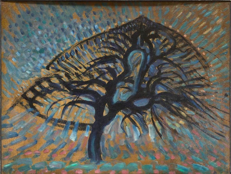 Piet Mondrian Apfelbaum pointillistische Fassung Kunstkopie, dunkler Baum mit Fächerkrone vor blauen und orangen Farbtupfen