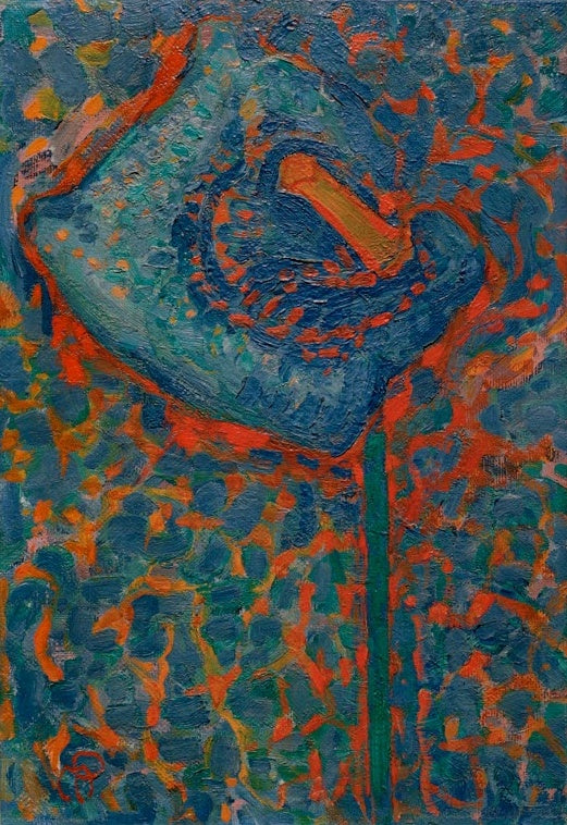 Piet Mondrian Aronstab Kunstkopie, blaue Blüte mit roten Konturen und grünem Stängel vor gepunktetem blau-orangem Hintergrund