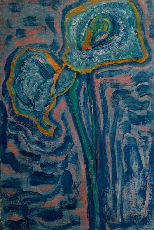 Piet Mondrian Aronstäbe Kunstkopie, zwei blaugrüne Blüten mit orangefarbenem Rand und grünen Stängeln vor gemustertem Grund