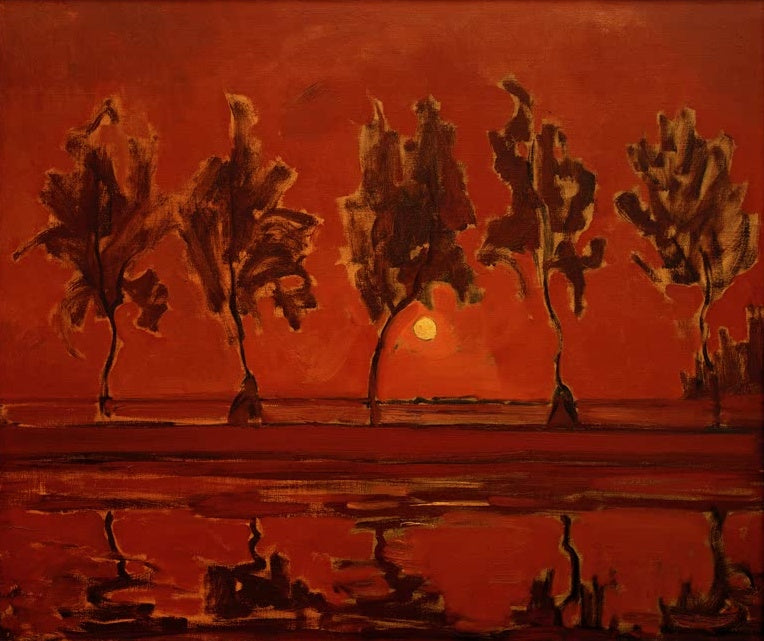 Piet Mondrian Bäume am Gein Mondaufgang Kunstkopie, dunkle Bäume und gelber Mond vor tiefrotem Himmel und Wasser