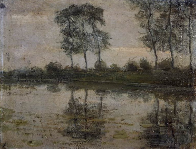 Piet Mondrian Bäume beim Fluss Gein Kunstkopie, hohe Bäume und ihre Spiegelung im stillen Wasser unter mattem Himmel