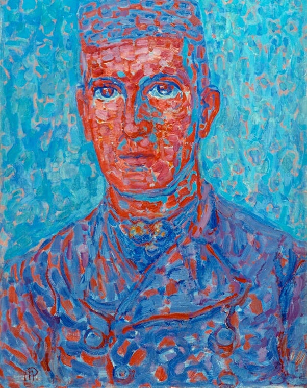 Piet Mondrian Bauer aus Zeeland Kunstkopie, Brustbild eines Mannes in rot und blau getupfter Farbigkeit vor türkisem Grund