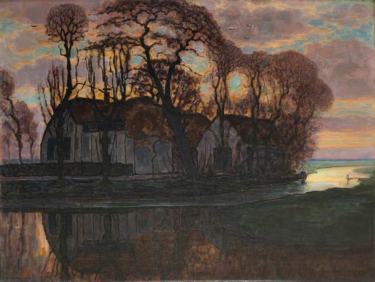 Piet Mondrian Bauernhof bei Duivendrecht, am Abend Kunstkopie, Bäume und Reetdachhaus vor glühendem Abendhimmel am Wasser
