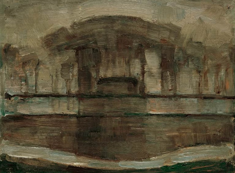Piet Mondrian Bauernhof Geinrust im Nebel Kunstkopie, verschwommene Hofsilhouette hinter einem dunklen Wasserlauf