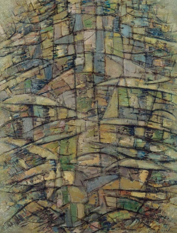 Piet Mondrian Baum Kunstkopie, kubistisches Gefüge aus schwarzen Linien und ocker, grünen und grauen Farbflächen