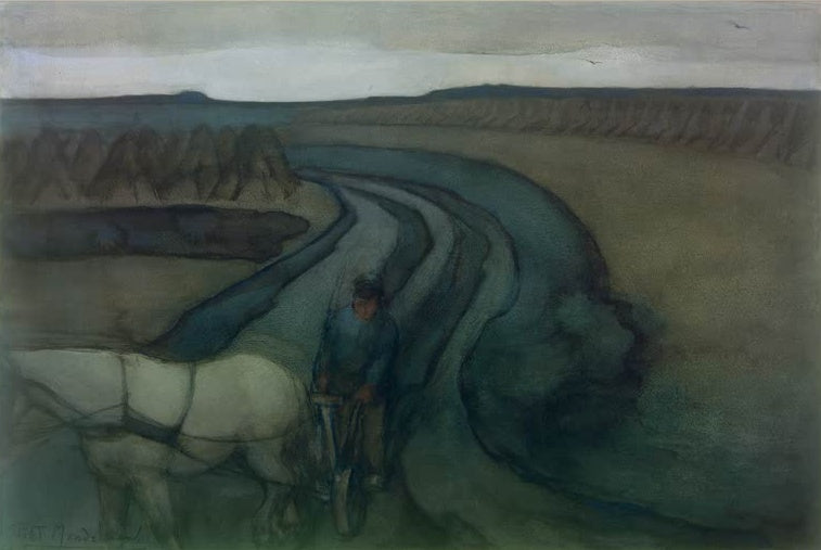 Piet Mondrian Bei der Arbeit Kunstkopie, Bauer mit weißem Pferd und Gerät auf einem gewundenen Ackerweg unter grauem Himmel