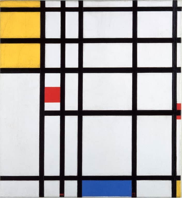 Piet Mondrian Bild II mit Gelb, Rot und Blau Kunstkopie, dichtes schwarzes Liniengitter mit gelben, roten und blauen Feldern