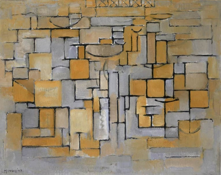 Piet Mondrian Bild Nr. II Kunstkopie, kubistisches Gefüge aus ockerfarbenen und grauen Flächen mit schwarzen Linien