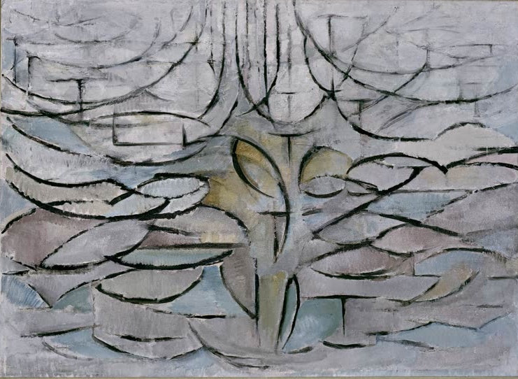 Piet Mondrian Blühender Apfelbaum Kunstkopie, gebogene dunkle Linien in zarten grauen, blauen und rosa Farbflächen