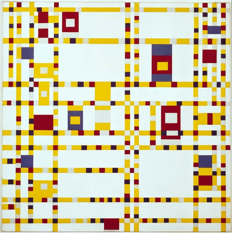 Piet Mondrian Broadway Boogie-Woogie Kunstkopie, gelbe Linienraster mit roten, blauen und grauen Farbfeldern auf weißem Grund