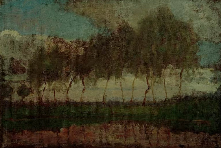 Piet Mondrian Das Gein Bäume am Wasser Kunstkopie, Baumreihe mit dünnen Stämmen unter Wolkenhimmel über spiegelndem Wasser