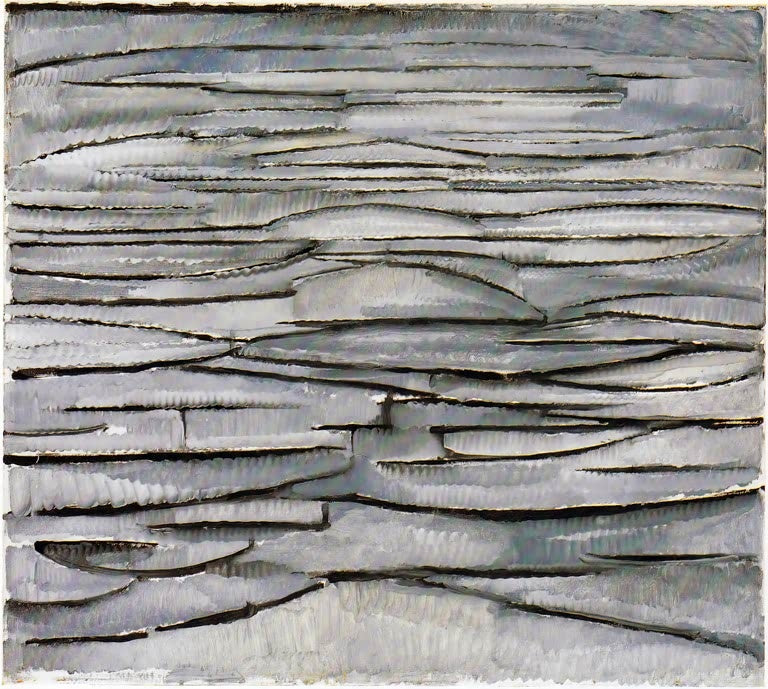 Piet Mondrian Das Meer Kunstkopie, waagerechte silbergraue Wellenbänder mit dunklen Konturlinien in Öl auf Leinwand