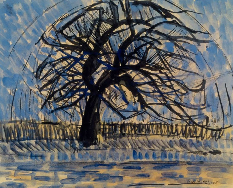 Piet Mondrian Der Baum Kunstkopie, schwarzer Baum mit weit ausgreifendem Geäst vor blauem Himmel und gelblichem Grund