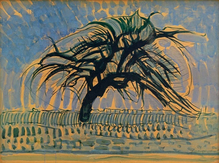 Piet Mondrian Der blaue Baum Kunstkopie, dunkler Baum mit weit ausgreifenden Ästen vor blauem Himmel und ockerfarbenem Grund