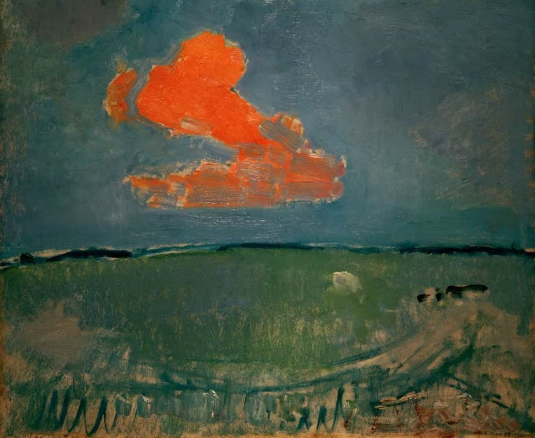 Piet Mondrian Die rote Wolke Kunstkopie, leuchtend orangerote Wolke vor blaugrauem Himmel über einer grünen Wiese