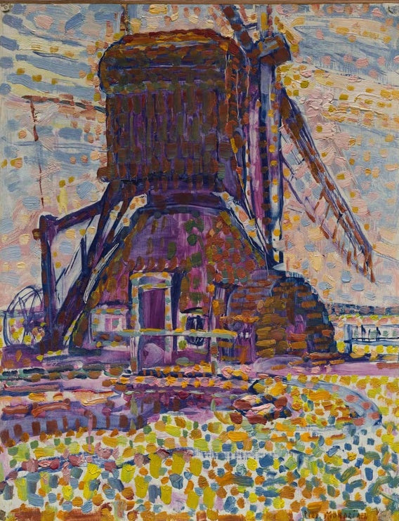 Piet Mondrian Die Winkelmühle Kunstkopie, Windmühle in violetten und braunen Tönen mit gelben und blauen Farbtupfern