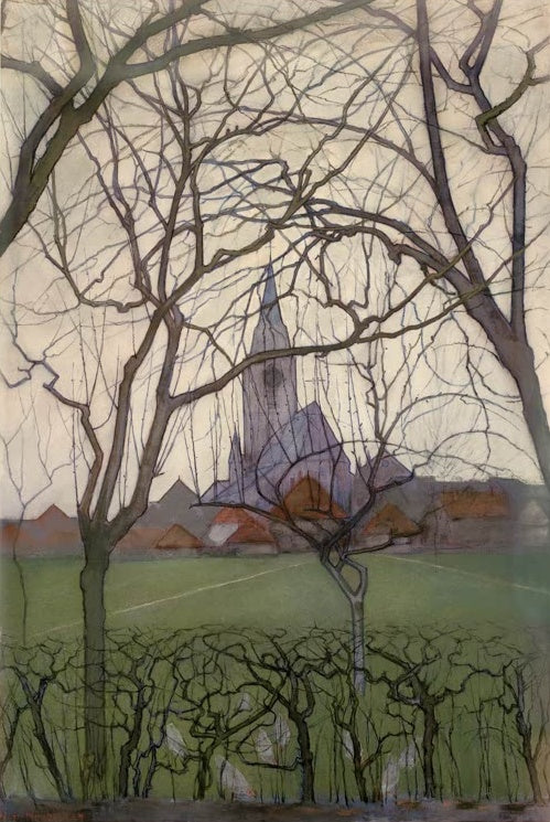 Piet Mondrian Dorfkirche Jacobskerk in Winterswijk Kunstkopie, Kirchturm hinter kahlen Bäumen über grüner Wiese