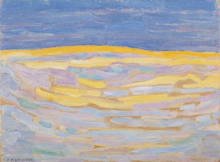 Piet Mondrian Düne I Kunstkopie, gelb leuchtender Dünenkamm unter blauem Himmel mit lila und hellblauen Pinselstrichen