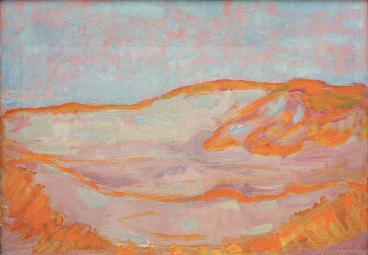 Piet Mondrian Düne IV Kunstkopie, orange umrandete Düne in Rosa und Weiß unter hellblauem Himmel mit rosa Tupfen