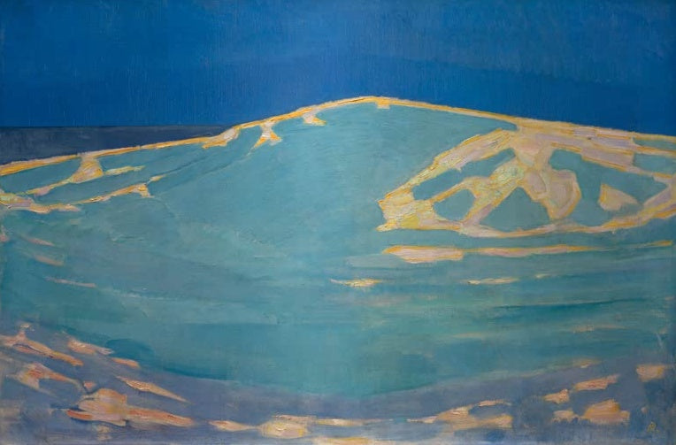 Piet Mondrian Dünen bei Domburg Kunstkopie, türkisfarbene Düne mit gelben Sonnenlichtern unter tiefblauem Himmel