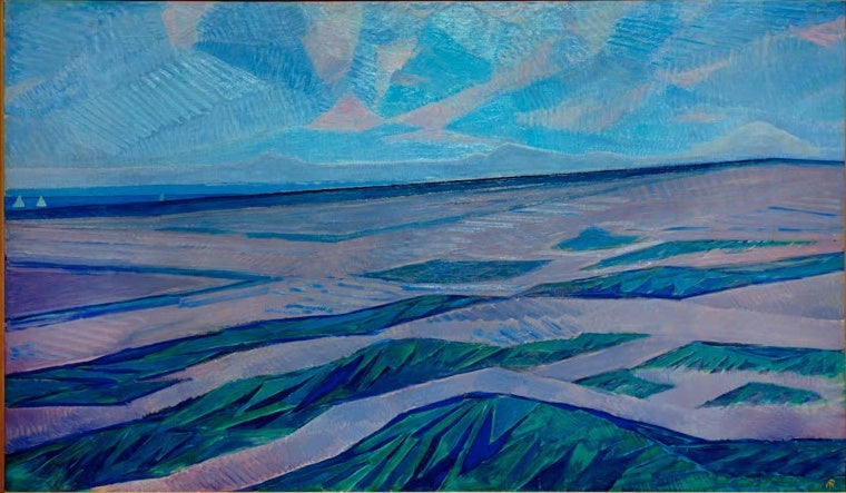 Piet Mondrian Dünenlandschaft Kunstkopie, weite Dünen in Blau, Grün und Violett unter Wolkenhimmel mit zwei kleinen Segeln