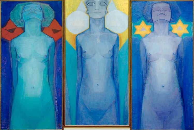Piet Mondrian Evolution Kunstkopie, Triptychon mit drei frontalen blauen Figuren vor Sternen und Blüten