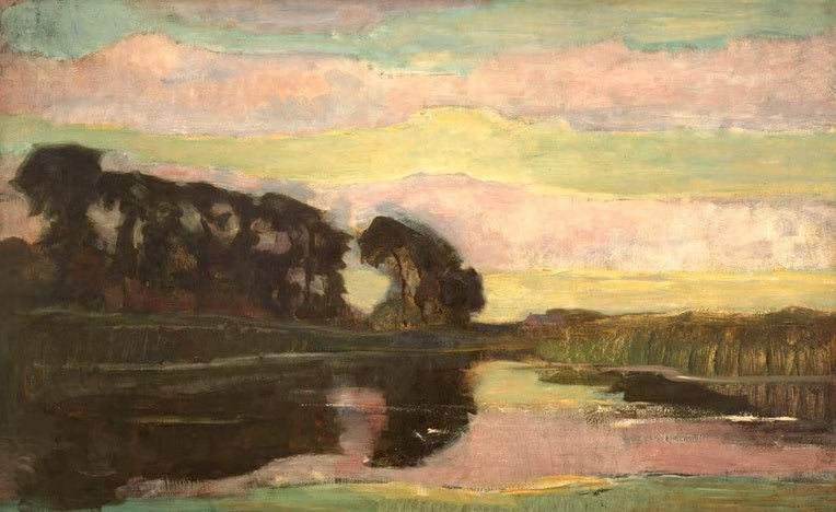 Piet Mondrian Flusslandschaft mit rosafarbenem und gelbgrünem Himmel Kunstkopie, dunkle Bäume am Wasser unter Pastellhimmel
