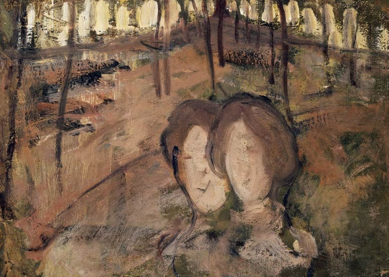 Piet Mondrian Frauen in einem Wald Kunstkopie, zwei eng beieinander liegende Frauenköpfe vor Baumstämmen in warmen Erdtönen