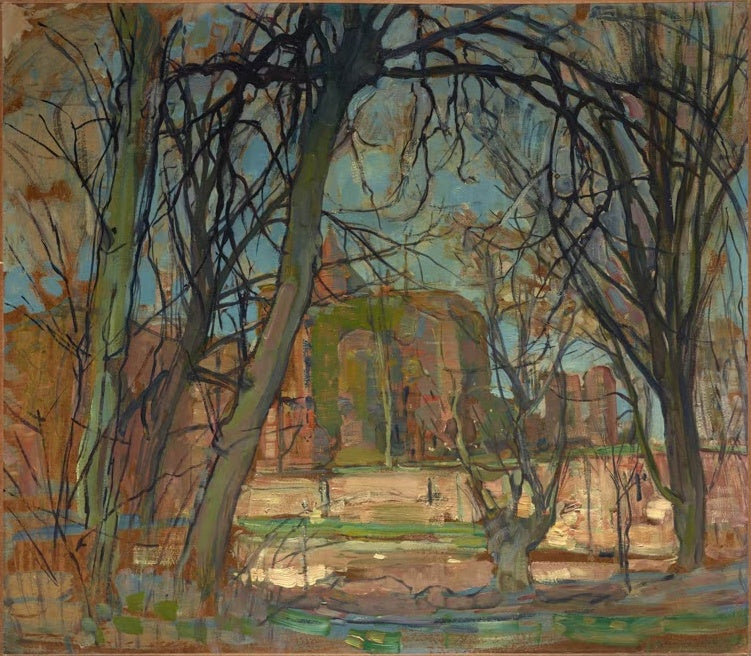 Piet Mondrian Frühlingssonne Schlossruine Brederode Kunstkopie, kahle Bäume vor rotbrauner Backsteinruine unter blauem Himmel