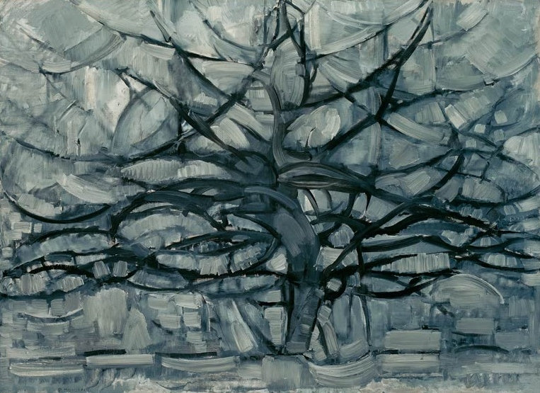 Piet Mondrian Grauer Baum Kunstkopie, weit verzweigter Baum aus dunklen Linien in kühlen grauen Farbflächen