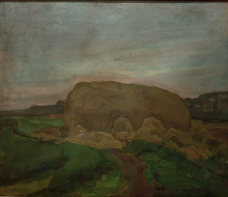 Piet Mondrian Heuschober Kunstkopie, mächtiger Heuhaufen auf grünem Feld unter blaugrauem Himmel mit rosa Streifen