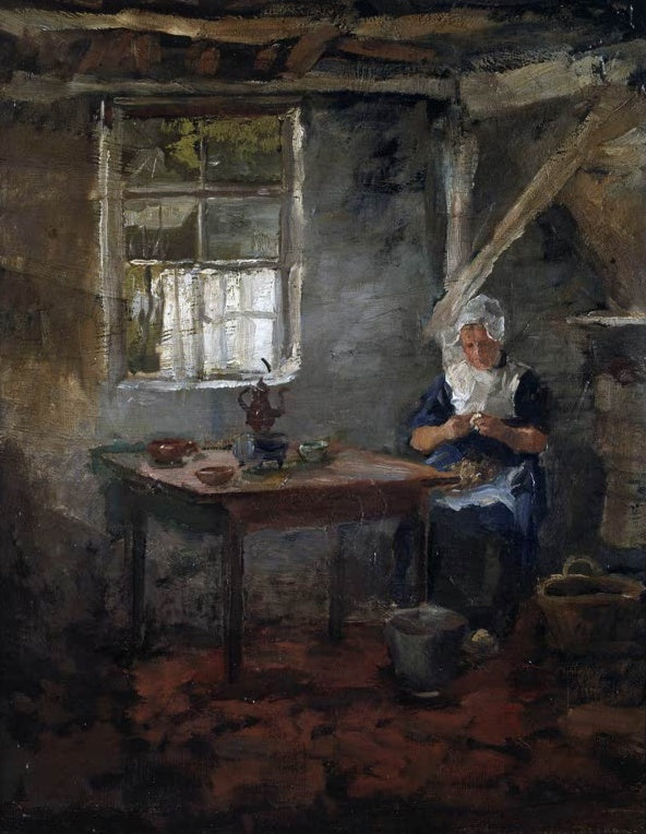 Piet Mondrian Interieur mit Bäuerin Kunstkopie, Frau in weißer Haube am Tisch in einer dunklen Bauernstube mit hellem Fenster