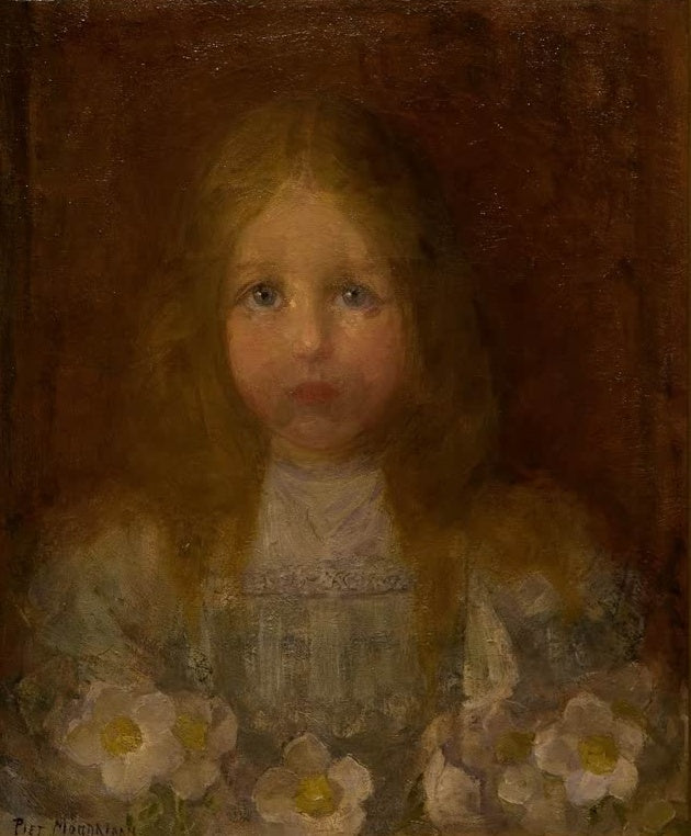 Piet Mondrian Kindchen Kunstkopie, Brustbild eines Mädchens mit langen blonden Haaren und weißen Blüten vor rotbraunem Grund