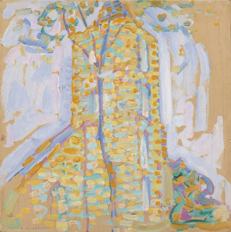Piet Mondrian Kirche in Domburg mit Baum Kunstkopie, Kirchturm aus gelben und türkisen Farbtupfen vor hellem Grund