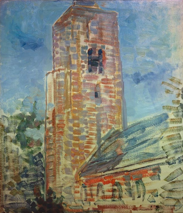 Piet Mondrian Kirche in Oostkapelle Kunstkopie, hoher Backsteinturm in Orange und Rosa vor blauem Himmel mit Baumkrone