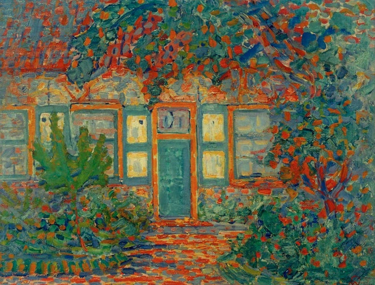 Piet Mondrian Kleines Haus im Sonnenlicht Kunstkopie, Haus mit grüner Tür und orangeroten Farbtupfern zwischen Büschen