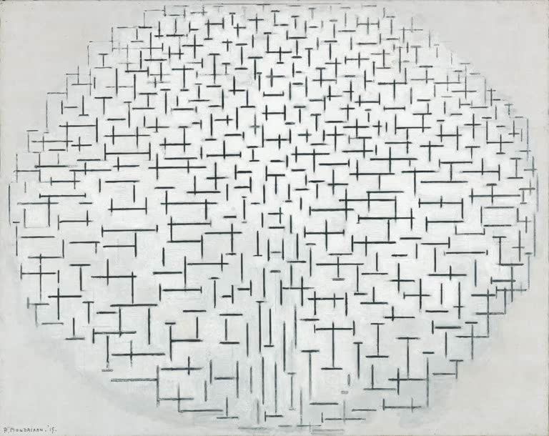Piet Mondrian Komposition 10 in Schwarz und Weiß Kunstkopie, ovales Geflecht aus schwarzen Strichen auf hellgrauem Grund