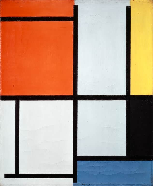 Piet Mondrian Komposition Kunstkopie, große rote Fläche mit schwarzen Linien neben hellen Feldern, blauem und gelbem Rechteck