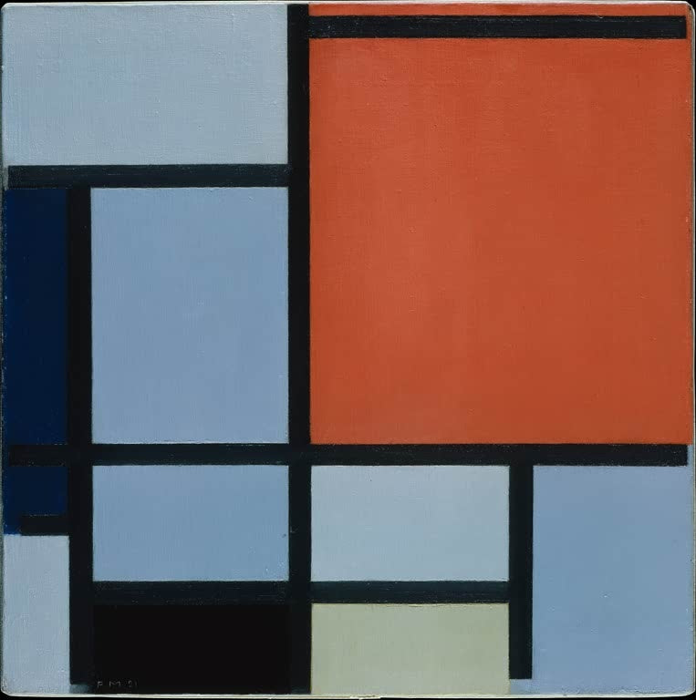 Piet Mondrian Komposition Kunstkopie, große rote Fläche, dunkelblaues Feld und blaugraue Rechtecke mit schwarzen Linien