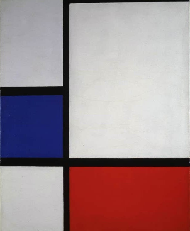 Piet Mondrian Komposition Kunstkopie, schwarze Linien gliedern weiße und graue Flächen mit einem blauen und einem roten Feld