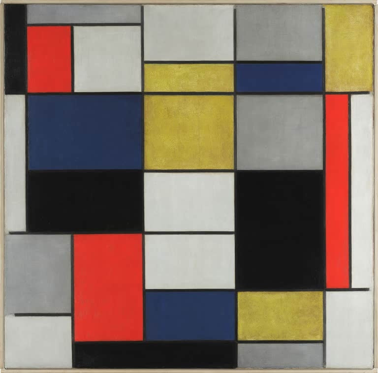 Piet Mondrian Komposition A Kunstkopie, Raster aus roten, blauen, gelben, grauen und schwarzen Rechtecken