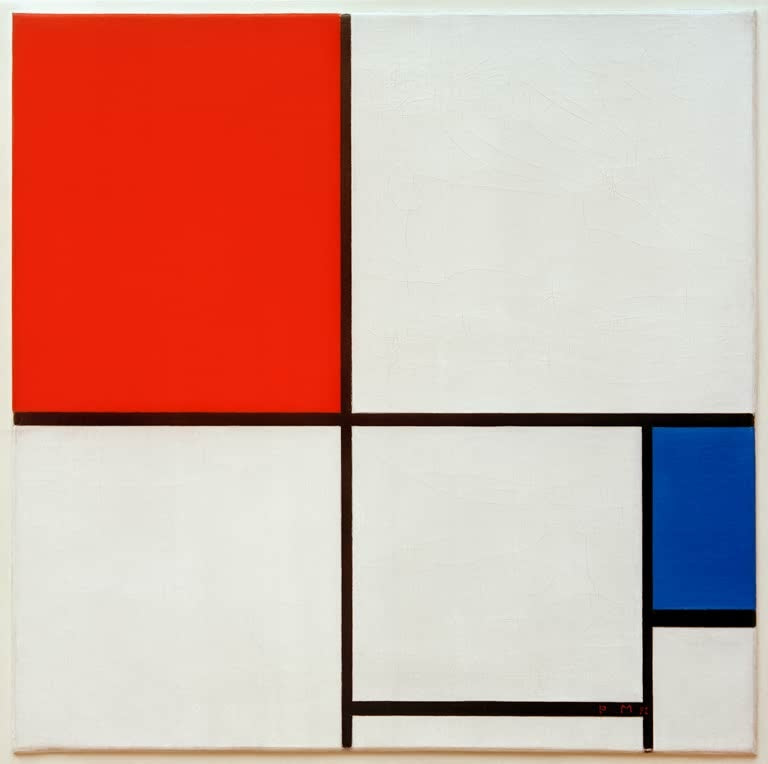 Piet Mondrian Komposition A mit Rot und Blau Kunstkopie, großes rotes Feld oben links und kleines blaues Feld rechts