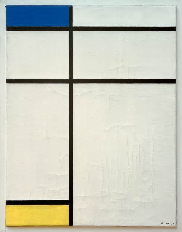 Piet Mondrian Komposition B in Blau, Gelb und Weiß Kunstkopie, blaues Feld oben links, gelbes unten links im Linienraster