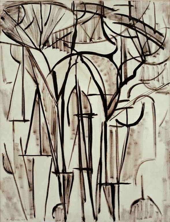 Piet Mondrian Komposition Bäume I Kunstkopie, schwarze geschwungene Linien und Baumstrukturen auf hellem Grund