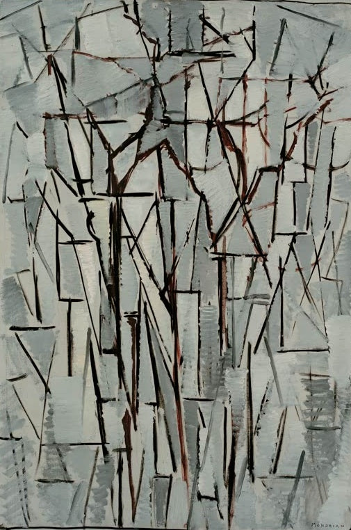 Piet Mondrian Komposition Bäume II Kunstkopie, ein Baum aus dunklen Linien in einem Gitter aus grauen Flächen