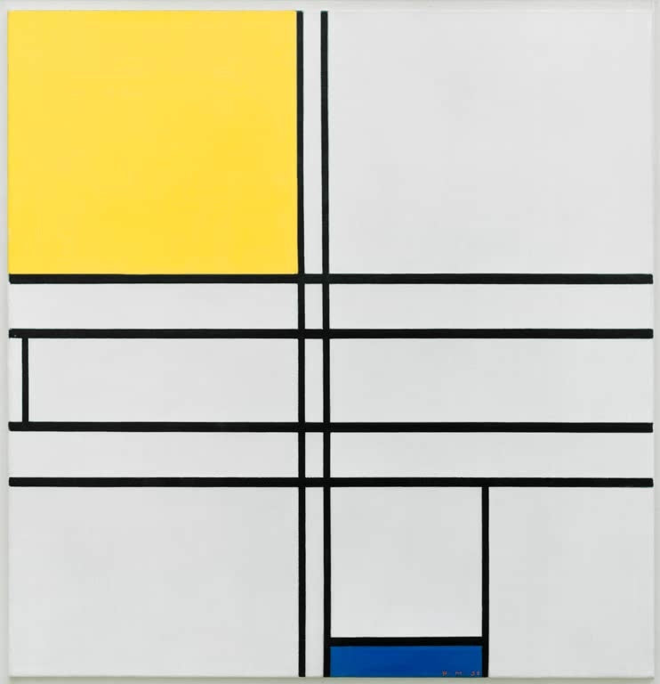 Piet Mondrian Komposition C in Blau und Gelb Kunstkopie, gelbe Fläche, parallele Linien und ein blaues Feld