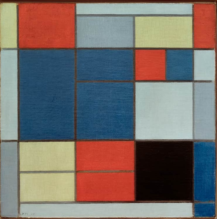 Piet Mondrian Komposition C Kunstkopie, Rechtecke in Blau, Rot, Gelb und Blaugrau mit schwarzem Feld und dünnen Linien
