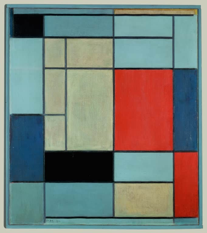 Piet Mondrian Komposition I Kunstkopie, Raster aus hellblauen und blauen Feldern mit roter Fläche und schwarzem Balken