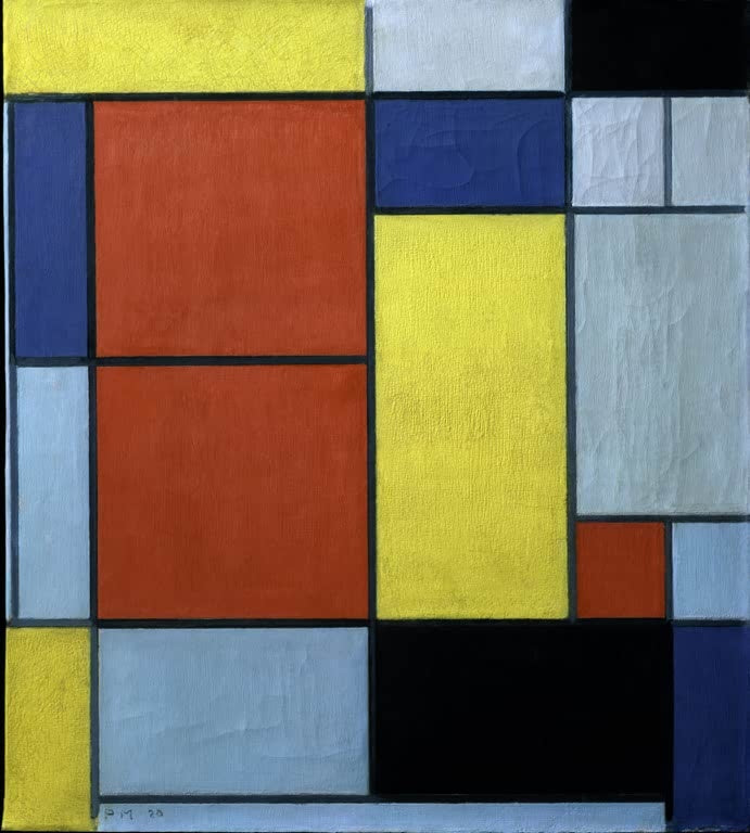 Piet Mondrian Komposition II Kunstkopie, kräftige rote, gelbe und blaue Flächen mit schwarzen Feldern und hellen Rechtecken